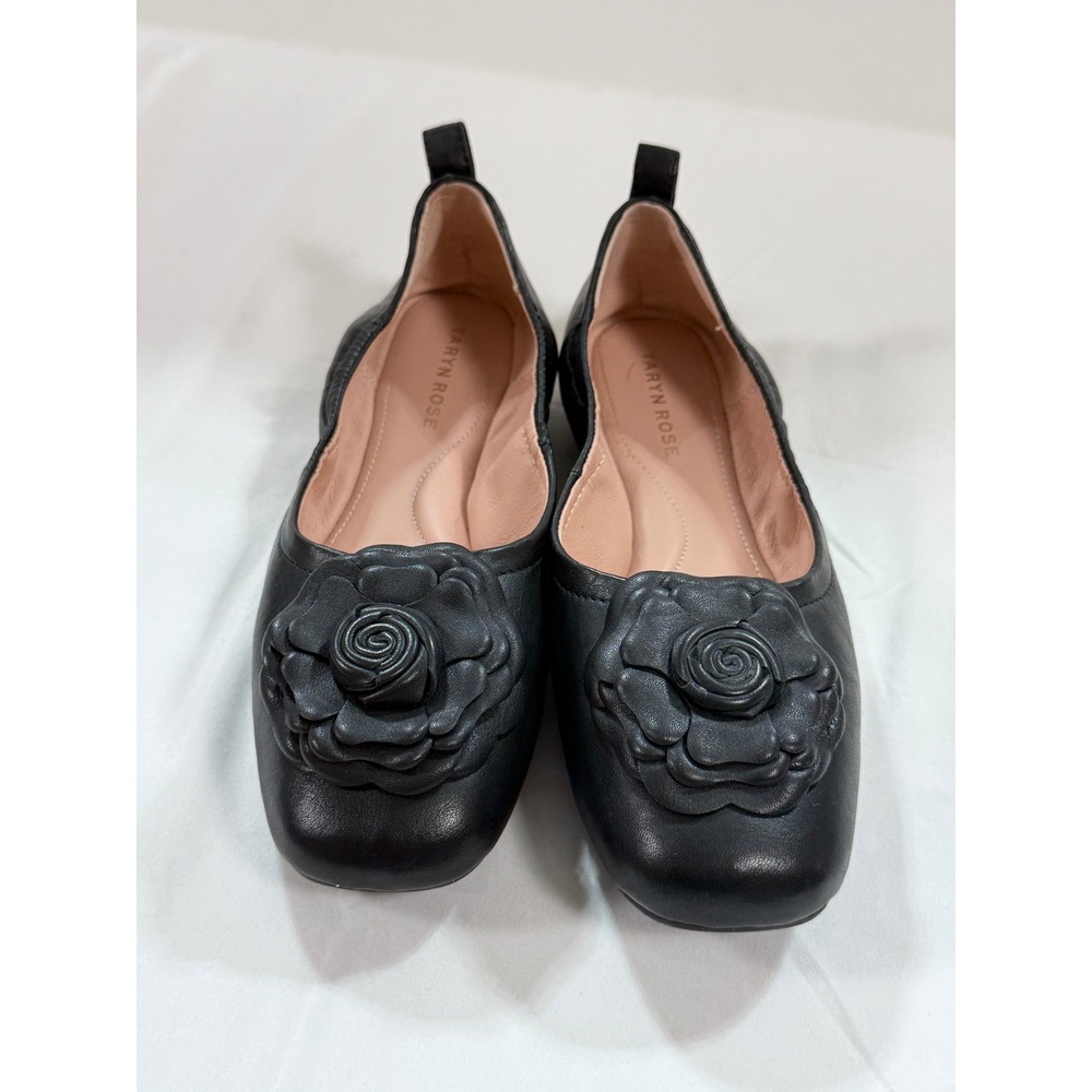 Taryn Rose Black Leather Rose Applique Square Toe Ballet Flats Womens - Picture 6 of 9